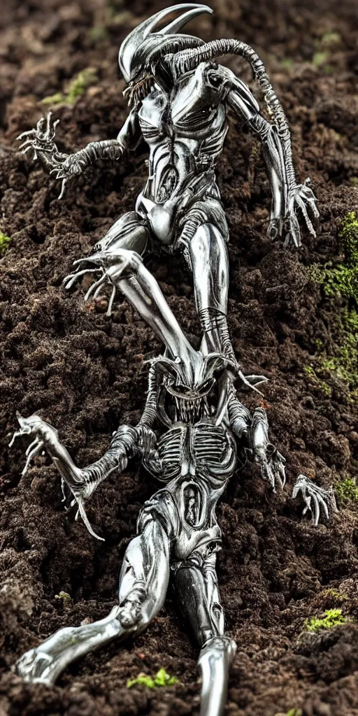 Image similar to bootleg figure of a plastic platinum xenomorph diorama crushed on the ground surrounded of dirt and moss secondhand, dramatic airbrush stormcloud by Luis Royo, mcfarlane, cursed photography, middle shot