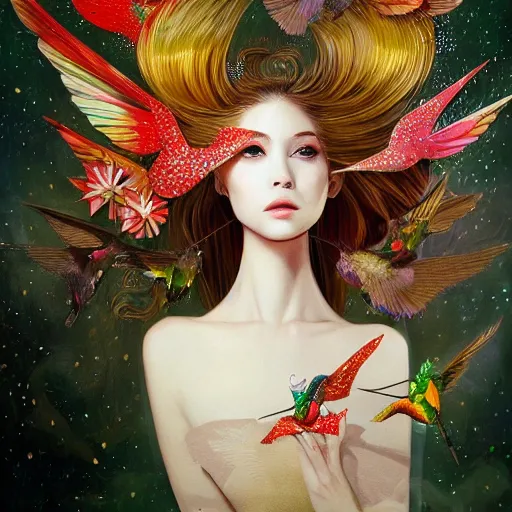 Image similar to 3 / 4 view of a beautiful girl wearing an origami dress, hummingbirds, elegant, by esao andrews, by eiko ishioka, givenchy, by peter mohrbacher, centered, floral ornamentic on cloth and hair, detailed beautiful face, high depth of field, origami, detailed fashion illustration, vogue, japanese, reallusion character creator