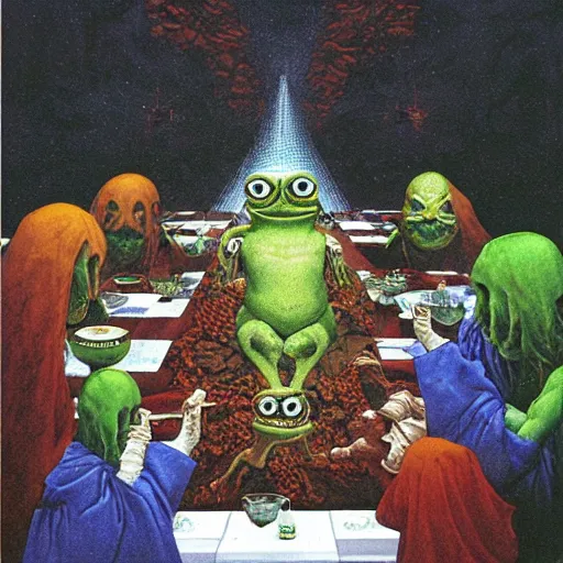 Image similar to pepe the frog eating in the last supper with disciples, floating dark energy surrounds them. there is one cow in the corner of the room, surrounded by a background of dark cyber mystic alchemical transmutation heavenless realm. highly detailed, vivid color, beksinski painting, part by adrian ghenie and gerhard richter. art by takato yamamoto. masterpiece