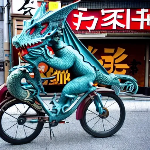 Image similar to a dragon riding a bike in the streets of tokyo