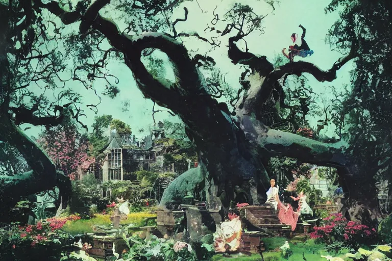 Prompt: 5 0 s pulp illustration of elegant black woman watching spacecraft land in garden of english country mansion, baobab trees, painted by norman rockwell, jack kirby, john berkey, bergey, craig mullins, ruan jia, raymond swanland, jeremy mann, tom lovell, morgan weistling, carl spitzweg