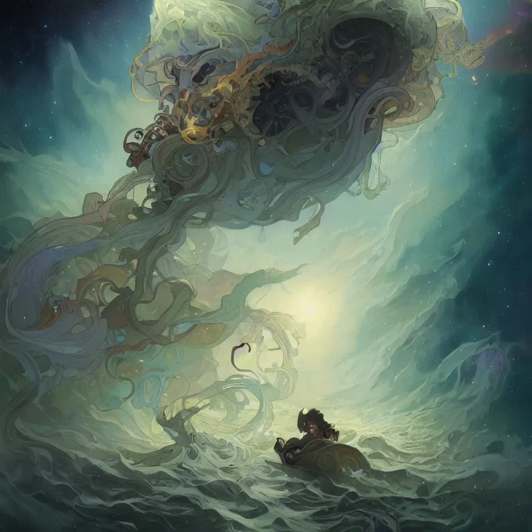 Image similar to bright eyes full of cosmic nebulae drowning in a boiling ocean, concept art, nostalgic melancholic artwork, by Peter Mohrbacher and Alphonse Mucha, detailed, style, 8k, trending on artstation, unreal engine 4k, detailed, clean background trending, full shot, symmetrical portrait, sophisticated, Unreal engine, dystopia, anti-utopia, post processing, psychadelic