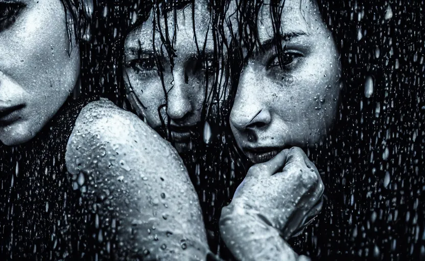 Prompt: cinestill 5 0 d candid photographic portrait by christopher nolan of two loving female androids wearing rugged black mesh techwear in treacherous waters, extreme closeup, modern cyberpunk moody emotional cinematic, pouring rain full moon, 8 k, hd, high resolution, 3 5 mm, f / 3 2, ultra realistic faces, ex machina