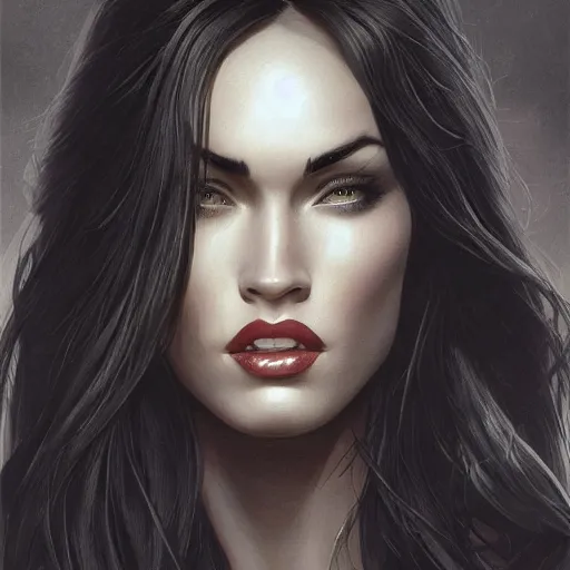 Image similar to portrait of megan fox in black business suit, sultry pose, fantasy, intricate, elegant, highly detailed, digital painting, artstation, concept art, matte, sharp focus, perfect face symmetry, illustration, art by aenaluck and roberto ferri and greg rutkowski, epic fantasy, digital painting