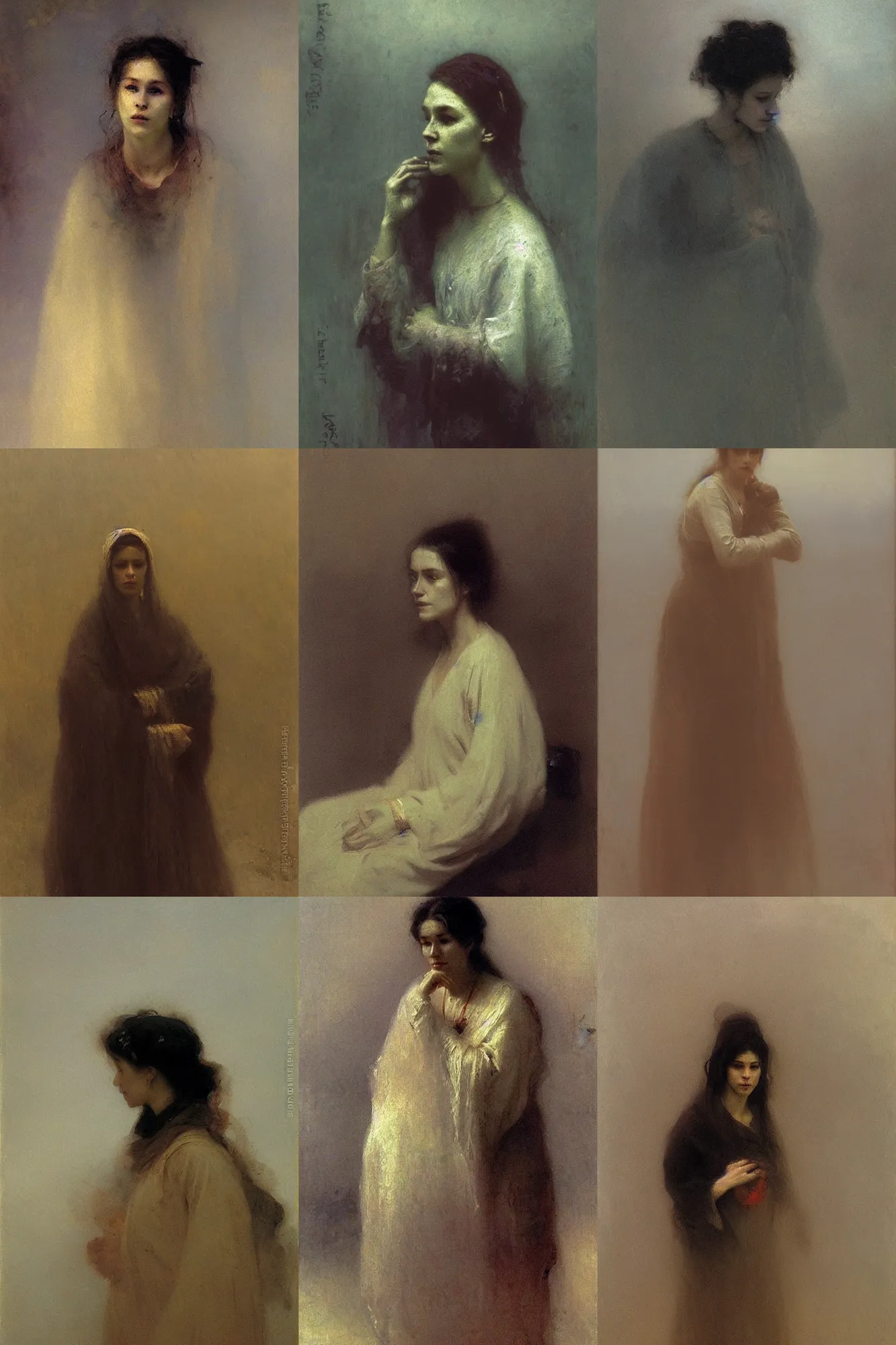 Prompt: Portrait of mystical woman in the fog by Ilya Repin realistic