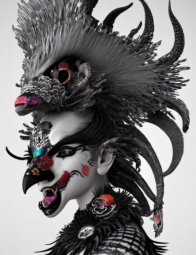 Image similar to 3 d photo realistic goddess close - up profile portrait punk with mohawk with ram skull. beautiful intricately detailed japanese crow kitsune mask and clasical japanese kimono. betta fish, jellyfish phoenix, bio luminescent, plasma, ice, water, wind, creature, artwork by tooth wu and wlop and beeple and greg rutkowski