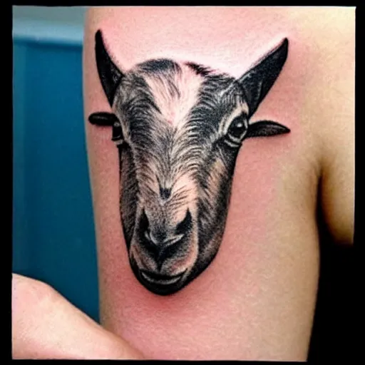Prompt: A small tattoo of a goat. The goat is holding a red stick of dynamite in its mouth