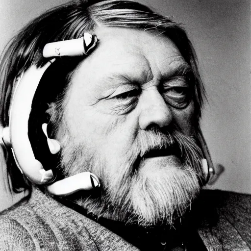 Image similar to robert wyatt in a mech suit, photograph