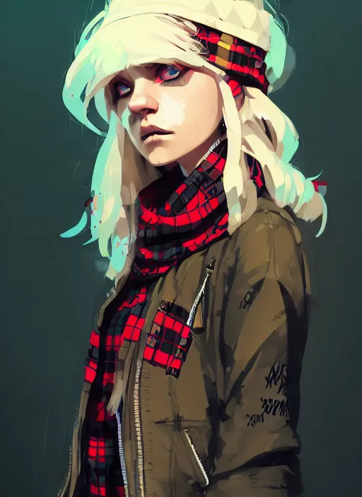 Prompt: highly detailed closeup portrait of a sewer punk swedish female mage student, tartan garment, blonde hair with headband by atey ghailan, by greg rutkowski, by greg tocchini, by james gilleard, by joe fenton, by kaethe butcher, gradient red, black, brown and white color scheme, grunge aesthetic!!! white graffiti tag wall background