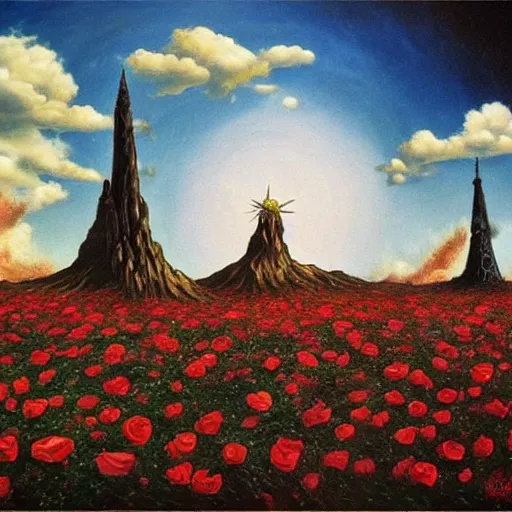 Image similar to the dark tower in a field of roses, surrealism, cosmic western, masterpiece oil painting,