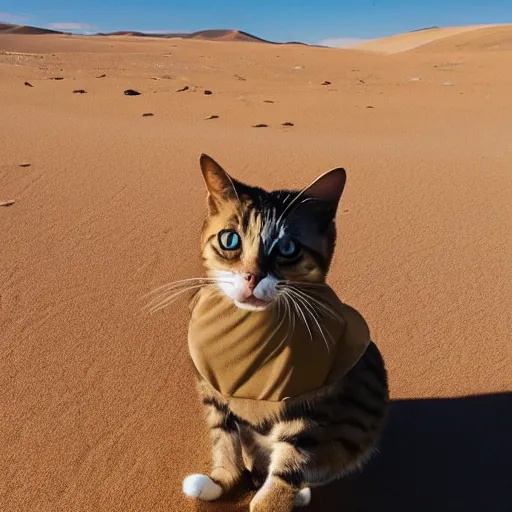 Prompt: a cat wearing modern body armor in a desert