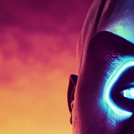 Image similar to Portrait of Kanye West as Thanos, glowing eyes, splash art, movie still, cinematic lighting, dramatic, octane render, long lens, shallow depth of field, bokeh, anamorphic lens flare, 8k, hyper detailed, 35mm film grain