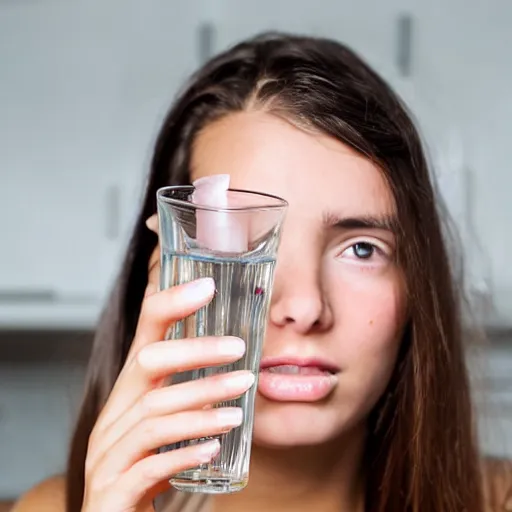 Prompt: close - up of a glass of water held by a young teenage girl with brown hair from behind in a modern kitchen, sigma, intricate, realistic face