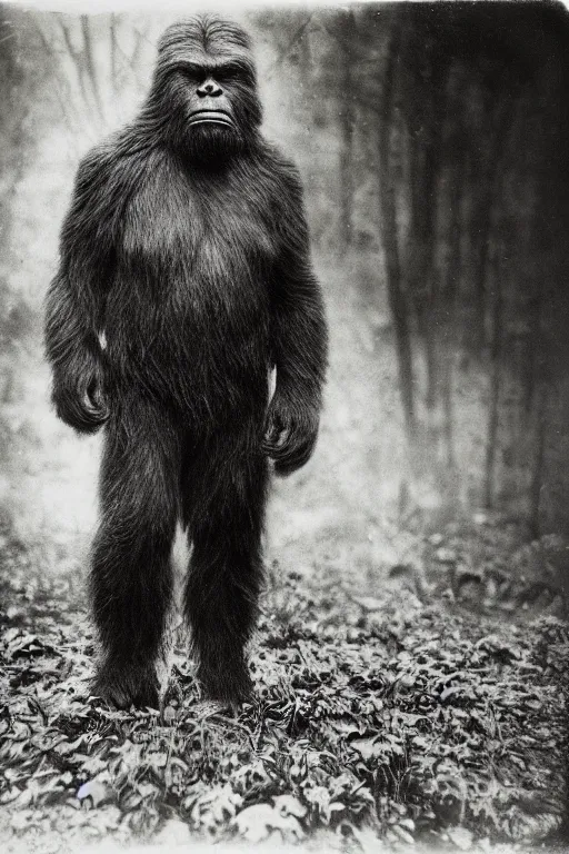 Prompt: a wet plate photograph of a Bigfoot