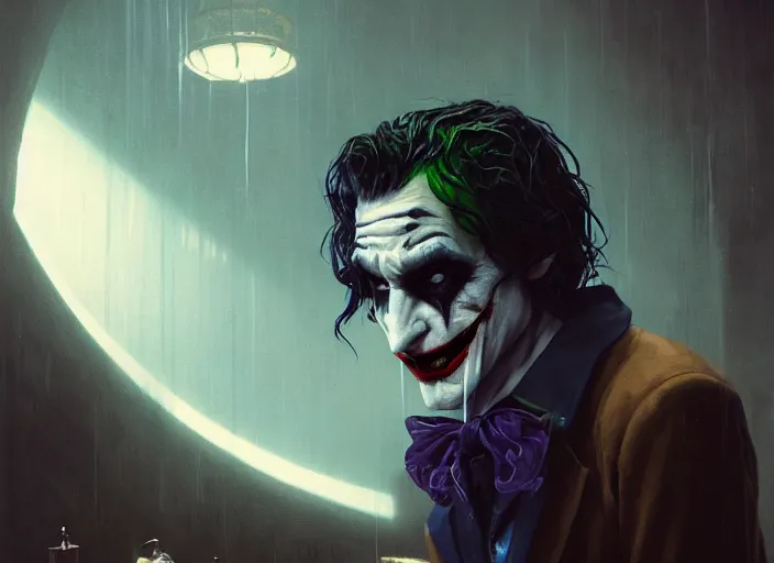 Prompt: highly detailed portrait of david dastmalchian as the joker, in batman comics, stephen bliss, unreal engine, fantasy art by greg rutkowski, loish, rhads, ferdinand knab, makoto shinkai and lois van baarle, ilya kuvshinov, rossdraws, tom bagshaw, global illumination, radiant light, detailed and intricate environment