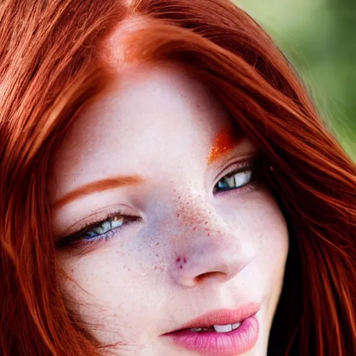 Prompt: close up portrait photo of the left side of the face of a redhead woman with galaxy of stars inside her eyes, she looks directly at the camera. Slightly open mouth, face covers half of the frame, with a park visible in the background. 135mm nikon. Intricate. Very detailed 8k. Sharp. Cinematic post-processing. Award winning photography