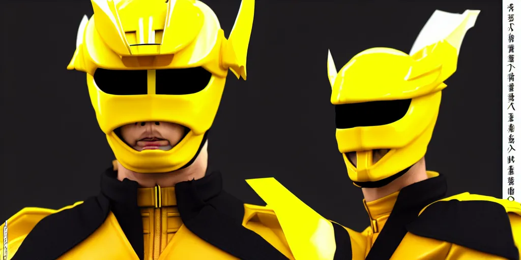 Image similar to symmetry!! yellow ranger dressed like donald trump, samurai, asian, artstation, art by murata, art by oda echiiro, lightning helmet, 3 d, jumpsuit, tracksuit, yellow, gloves, logo