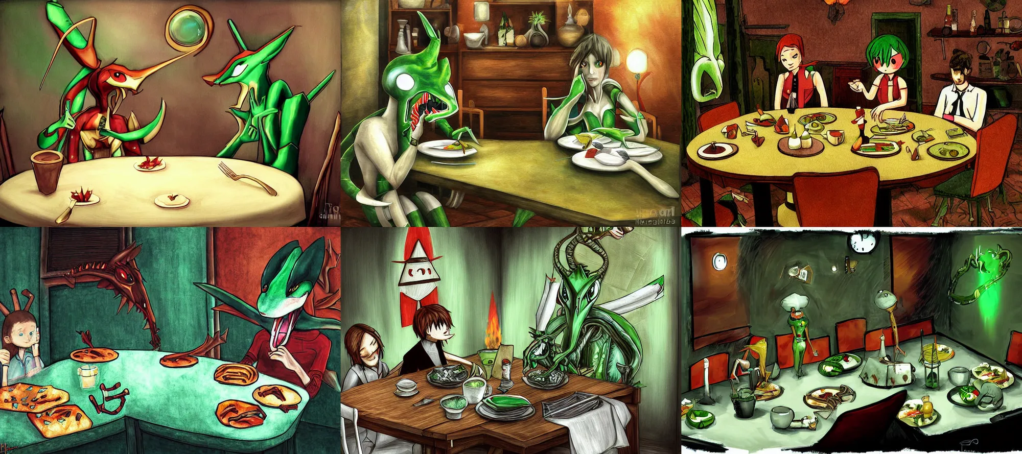 Prompt: rayquaza silent hill eating dinner at a table in the backrooms happiness is temporary by ilse gort