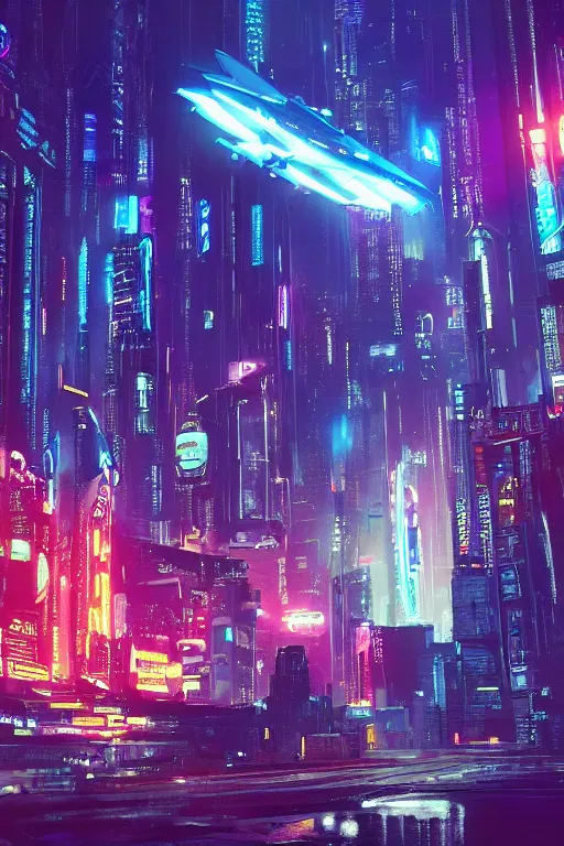 Prompt: cyberpunk city with a flight vehicle glowing in the sky, neon sign, cinematic composition, wide shot, bladerunner, by moebius