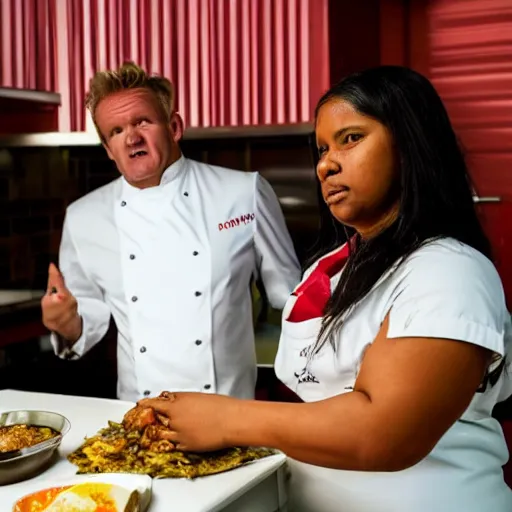 Prompt: trinidad female teenager getting shouted at by gordon ramsay for cooking subpar food, photography