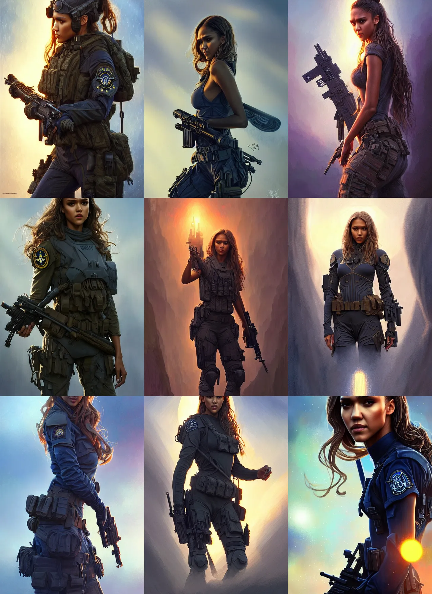 Prompt: jessica alba and zendaya as navy seals fantasy magic, light night, intricate, elegant, sharp focus, illustration, highly detailed, digital painting, concept art, matte, art by wlop and artgerm and ivan shishkin and andrey shishkin, masterpiece