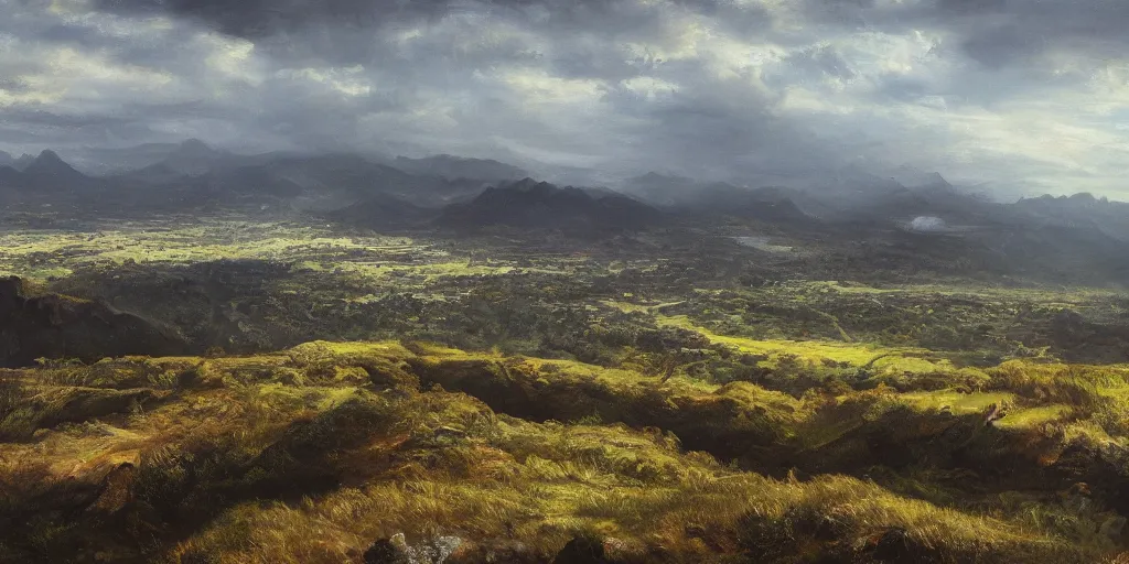 Prompt: a breathtaking landscape from a hilltop, cinematic lighting, detailed oil painting, hyperrealistic, 8k