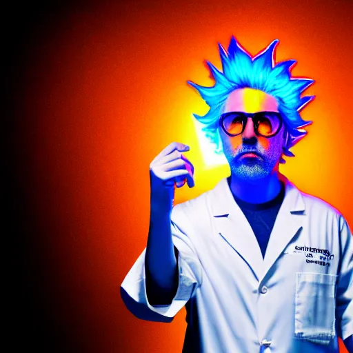 Image similar to portrait of rick sanchez, lab coat and tee shirt, lens flare, atmosphere, glow, detailed, intricate, full of colour, cinematic lighting, 4 k, hyperrealistic, focused, extreme details, cinematic, masterpiece