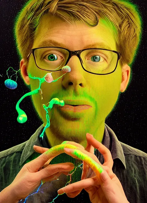 Image similar to hyper detailed 3d render like a Oil painting - friendly professional portrait of author Hank Green in Aurora seen Eating of the Strangling network of yellowcake aerochrome and milky Fruit and Her delicate Hands hold of gossamer polyp blossoms bring iridescent fungal flowers whose spores black the foolish stars by Jacek Yerka, Mariusz Lewandowski, Houdini algorithmic generative render, Abstract brush strokes, Masterpiece, Edward Hopper and James Gilleard, Zdzislaw Beksinski, Wolfgang Lettl, hints of Yayoi Kasuma, octane render, 8k