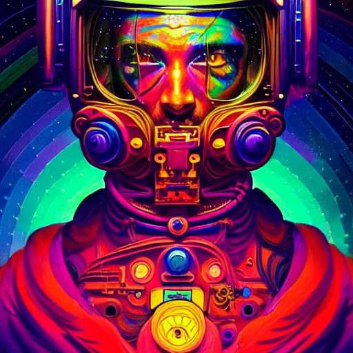 Prompt: An extremely psychedelic experience, colorful, surreal, dramatic lighting, cosmonaut, LSD, face, detailed, intricate, elegant, highly detailed, digital painting, artstation, concept art, smooth, sharp focus, illustration, art by Sam spratt, dan mumford, Artem Demura and alphonse mucha