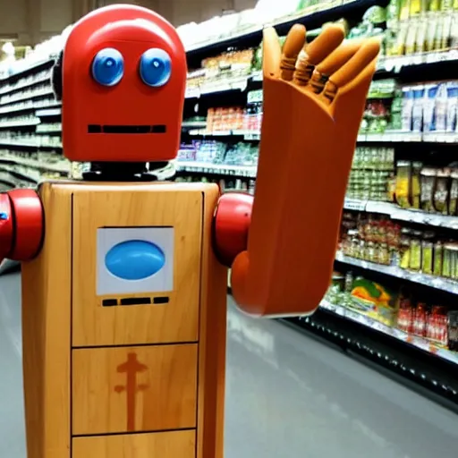 Prompt: a happy anthropromorphic robot made out of wood in a grocery store