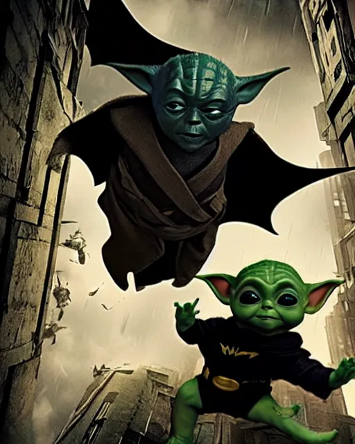 Prompt: epic action still of baby yoda wearing batman outfit as batman hanging upside - down from building in atmospheric alleyway in the style of batman the dark knight rises