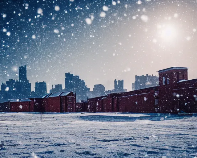 Prompt: a snow covered field with buildings in the background, a matte painting by zlatyu boyadzhiev, featured on unsplash, brutalism, nightscape, quantum wavetracing, photo taken with ektachrome