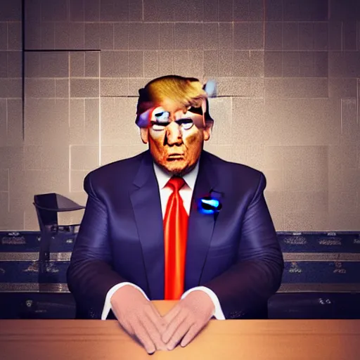 Image similar to “Donald trump sitting at a prison table surrounded by convicts in orange jumpsuits, he looks sad and afraid, realistic, detailed portrait, 4K, octane render”