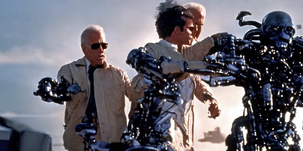 Prompt: joe biden in the terminator shooting terminator donald trump, cinematic, establishing shot, two characters facing each other, extremely high detail, photorealistic, cinematic lighting, James Cameron