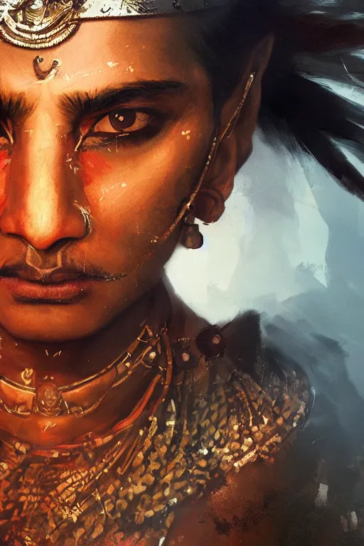 Image similar to indian warrior, close - up portrait, fierce, intricate, elegant, volumetric lighting, scenery, digital painting, highly detailed, artstation, sharp focus, illustration, concept art, ruan jia, steve mccurry