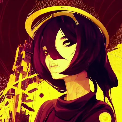 Image similar to Frequency indie album cover, luxury advertisement, golden filter, golden and black colors. A clean and detailed post-cyberpunk sci-fi close-up schoolgirl, she is very powerful, in asian city in style of cytus and deemo, mysterious vibes, by Tsutomu Nihei, by Ilya Kuvshinov, by Greg Tocchini, nier:automata, Yorda from Ico and Lain Iwakura, set in half-life 2, beautiful with eerie vibes, very inspirational, very stylish, with gradients, surrealistic, dystopia, postapocalyptic vibes, depth of field, mist, rich cinematic atmosphere, perfect digital art, mystical journey in strange world, beautiful dramatic dark moody tones and studio lighting, shadows, bastion game, arthouse