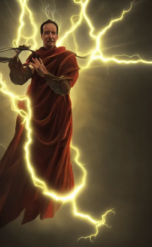 Image similar to Julius Caesar casting an electricity spell. Digital art trending on artstation. 4k. Tyndall effect.