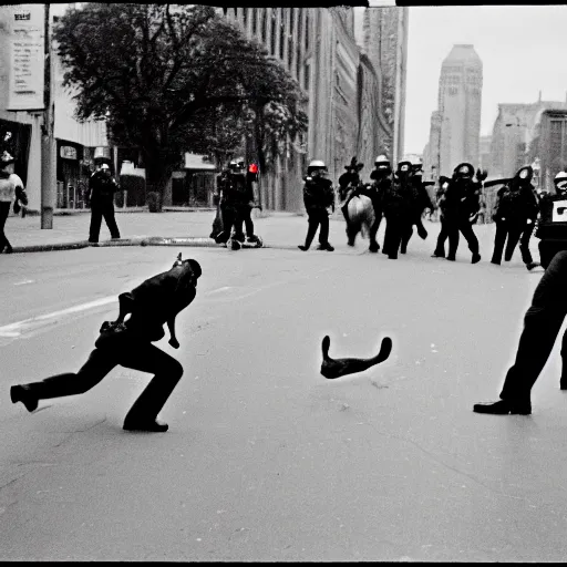 Image similar to a young man throwing a rabbit at a riot cop, leica m 9, voigtlander 3 5 mm, 1 9 6 0 s