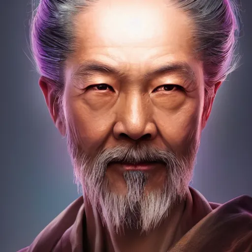 Image similar to portrait painting of a 6 0 year old kind handsome taoist priest, like chaowei liang, silver ponytail hair, amiable by wenjun lin, irakli nadar, bright colors, octopath traveler, wenjun lin, unreal engine 5 highly rendered, global illumination, radiant light, detailed and intricate environment