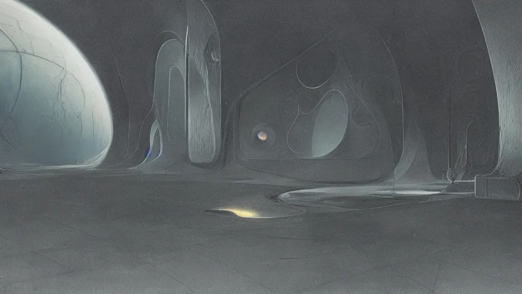 Prompt: otherworldly atmosphere of emissary space by arthur haas and bruce pennington and john schoenherr, cinematic matte painting buildings by zaha hadid and james turrell