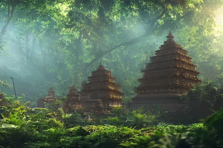 Prompt: temple complex in a jungle clearing, volumetric light, 8k, art station and cgsociety