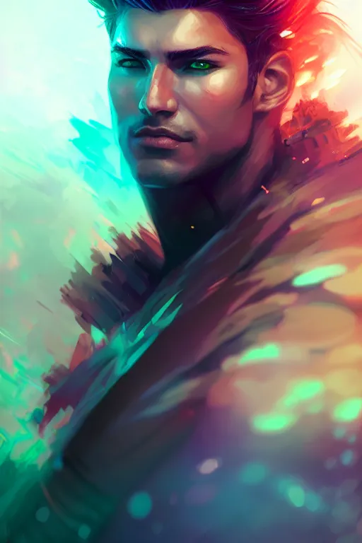 Prompt: a handsome warrior look back after shooting, blurred environment background, colorful magic effects, white skin, portrait, male, clothed, sharp focus, digital art, concept art, trending on artstation, dynamic lighting, by emylie boivin and rossdraws