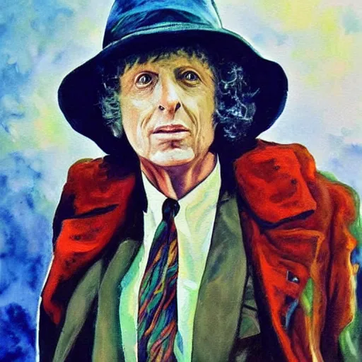 Image similar to “A painting of Tom Baker as Doctor Who looking awesome in front of the TARDIS!” W 1920