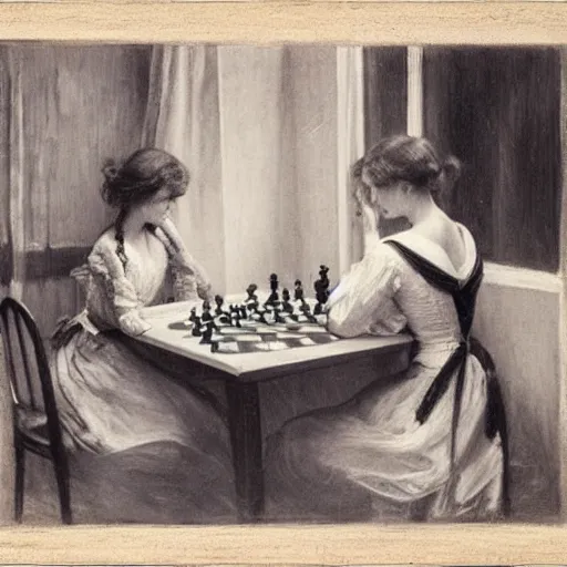 Image similar to two young edwardian women playing chess by a window at night, a beach reflecting moonlight is visible in the background, in the style of anders zorn