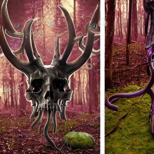 Prompt: creepy realistic photo of tentacles monster with goat skull and antlers in the woods, close up, realistic, forest, detailed death, cracked skull, haunted, purple eyes, nightmare, detailed collage