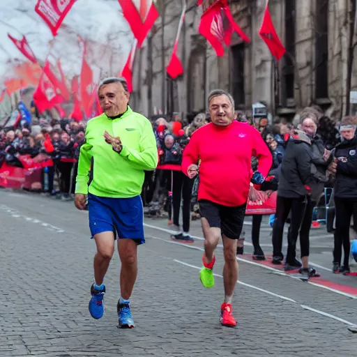 Prompt: Viktor Orban and Ferenc Gyurcsany running a marathon together, 8k, award winning photography, high quality