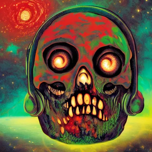 Prompt: Liminal space in outer space, the zombie’s album cover art!!