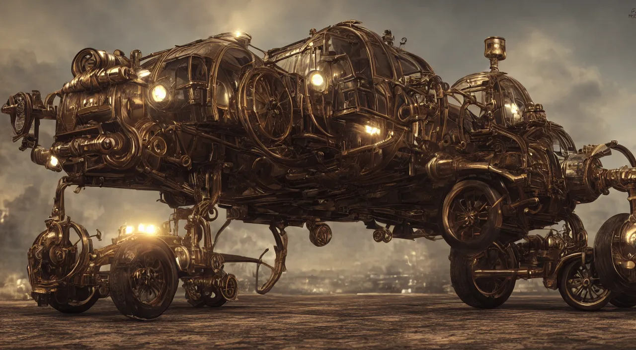 Prompt: Steampunk car, 8K, from a distance, trending on artstation, 8K 3D, volumetric light, lightrays, smoke, cinematic, atmospheric, octane render, insanely detailed and intricate by jules verne