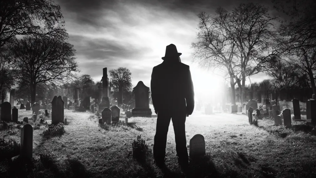 Prompt: an undertaker standing in a graveyard. backlight photo.