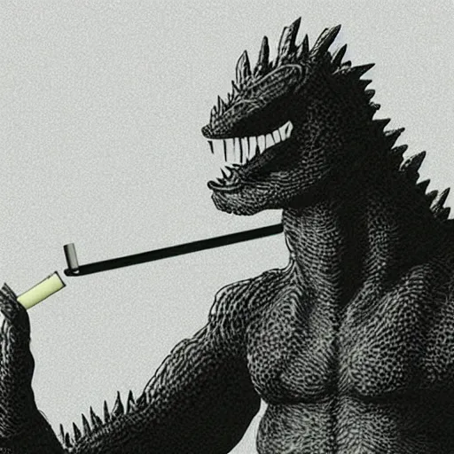 Image similar to anthropomorphic godzilla smoking cigarette